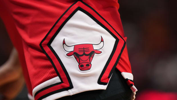  A detailed view of the Chicago Bulls logo on the shorts of Chicago Bulls guard Ayo Dosunmu (12) during the first half against the Miami Heat at Kaseya Cente